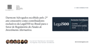 Arte institucional: Darmont Advogados escolhido pelo 2º ano consecutivo como contribuidor exclusivo da Legal500 no Brasil para Fundos de Investimento Alternativos, com selo Legal500 Country Comparative Guides 2026 e fotos da equipe